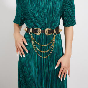 Bulk Gold Double Buckle Corset Belts - 2 Styles Three-Piece Set with Chain Accessory