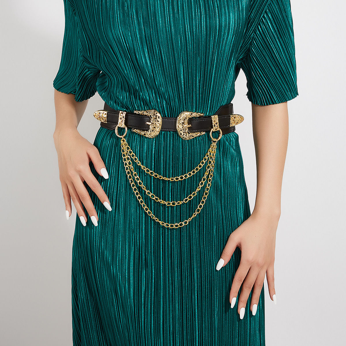 Bulk Gold Double Buckle Corset Belts - 2 Styles Three-Piece Set with Chain Accessory