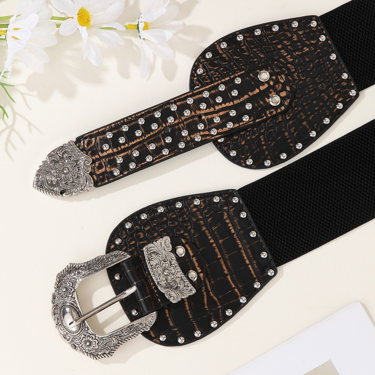 Bulk Vintage Double Buckle Belts - Crocodile Pattern Wide Elastic Waist Belt - Image 3