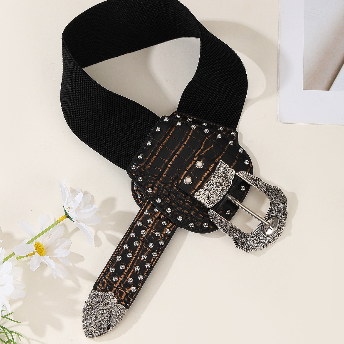 Bulk Vintage Double Buckle Belts - Crocodile Pattern Wide Elastic Waist Belt - Image 2