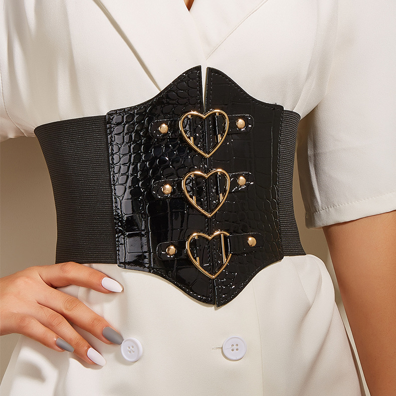 Women Stone Pattern Heart Velcro Waist Belt - Main Image