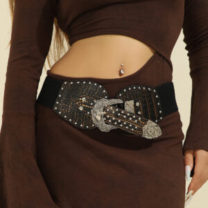 Bulk Vintage Double Buckle Belts - Crocodile Pattern Wide Elastic Waist Belt