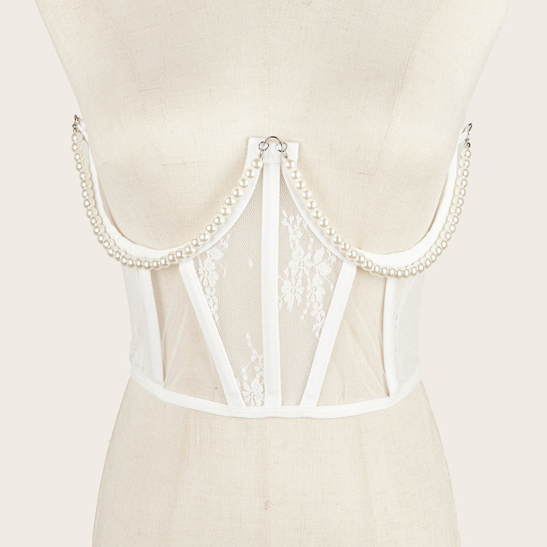 Wholesale Pearl Chain Corset Tops - 2 Colors Lace Mesh Steel Boned Waist Cincher - Image 3
