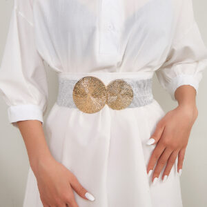 Women Silver Double Round Disc Waist Belt - Main Image