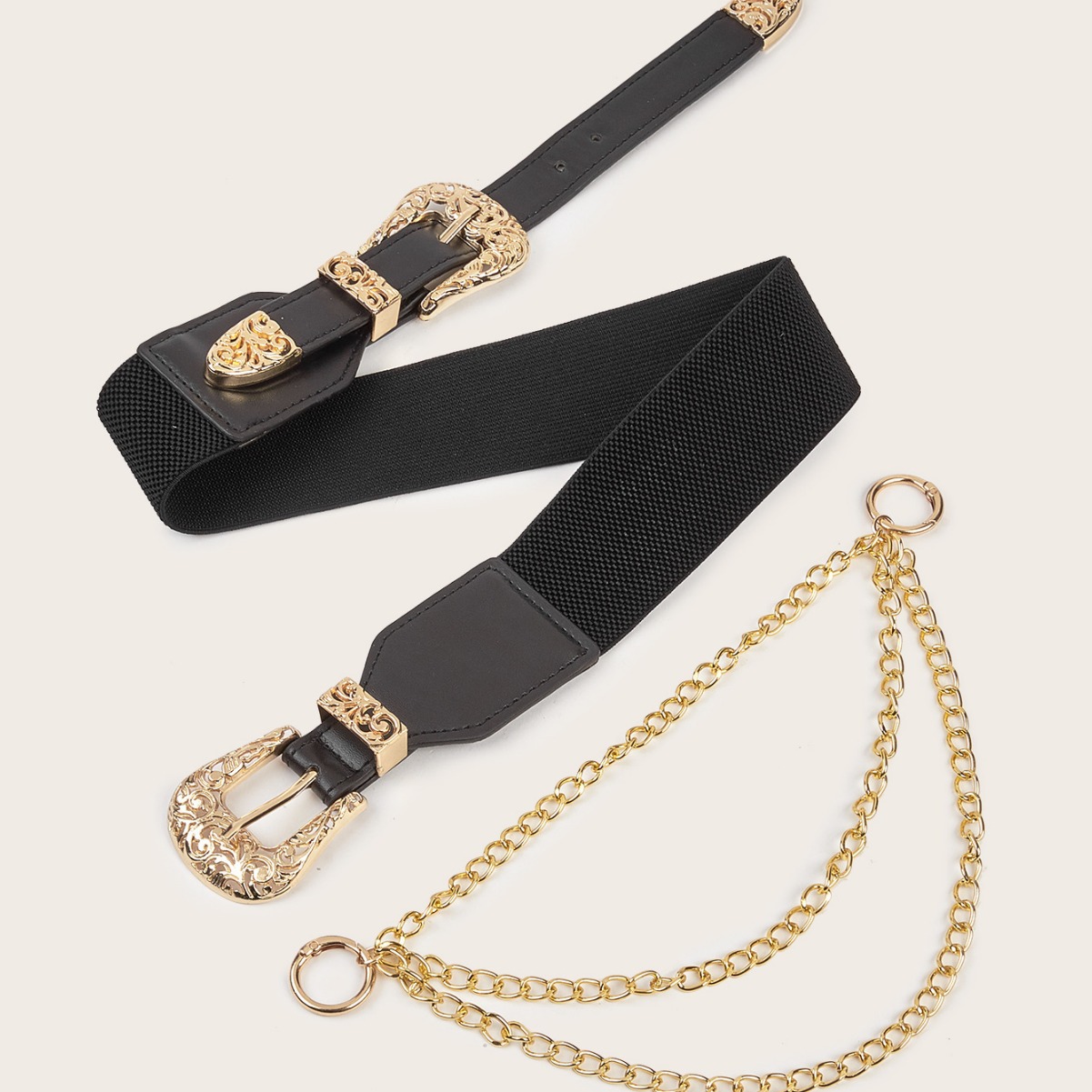 Bulk Gold Double Buckle Corset Belts - 2 Styles Three-Piece Set with Chain Accessory - Image 2