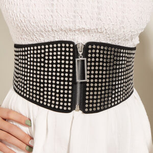 Wholesale Studded Zipper Corset Belts - Super Wide Elastic Waist Belt with Rivets