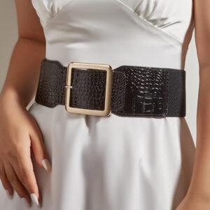 Women Vintage Elastic Waist Belt Square Buckle Stone Pattern Black