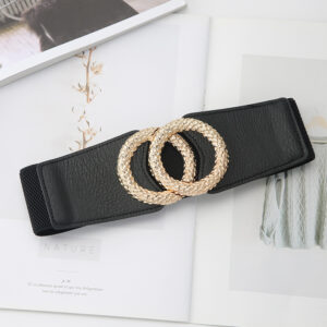 Women Snake Pattern Double Round Buckle Elastic Waist Belt - Main Image