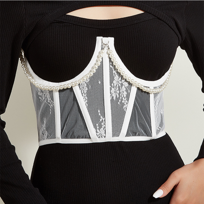 Wholesale Pearl Chain Corset Tops - 2 Colors Lace Mesh Steel Boned Waist Cincher - Image 2