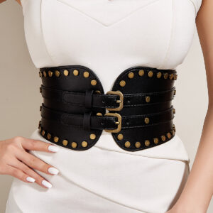 Wholesale Vintage Triple Buckle Corset Belts - 4 Colors Leather Pattern Wide Elastic Waist Belt