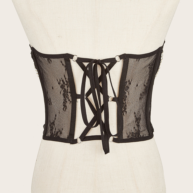 Wholesale Pearl Chain Corset Tops - 2 Colors Lace Mesh Steel Boned Waist Cincher - Image 4