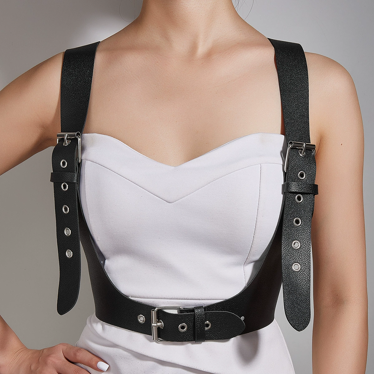 Wholesale Dark Gothic Leather Harness Corset Belt - Chain Detail Bustier Waist Belt - Image 2
