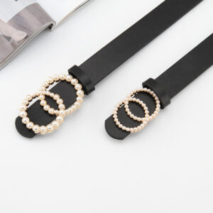 Women's Double Circle Pearl Buckle Belt - Fashion Casual Dress Jeans Decorative Waistband
