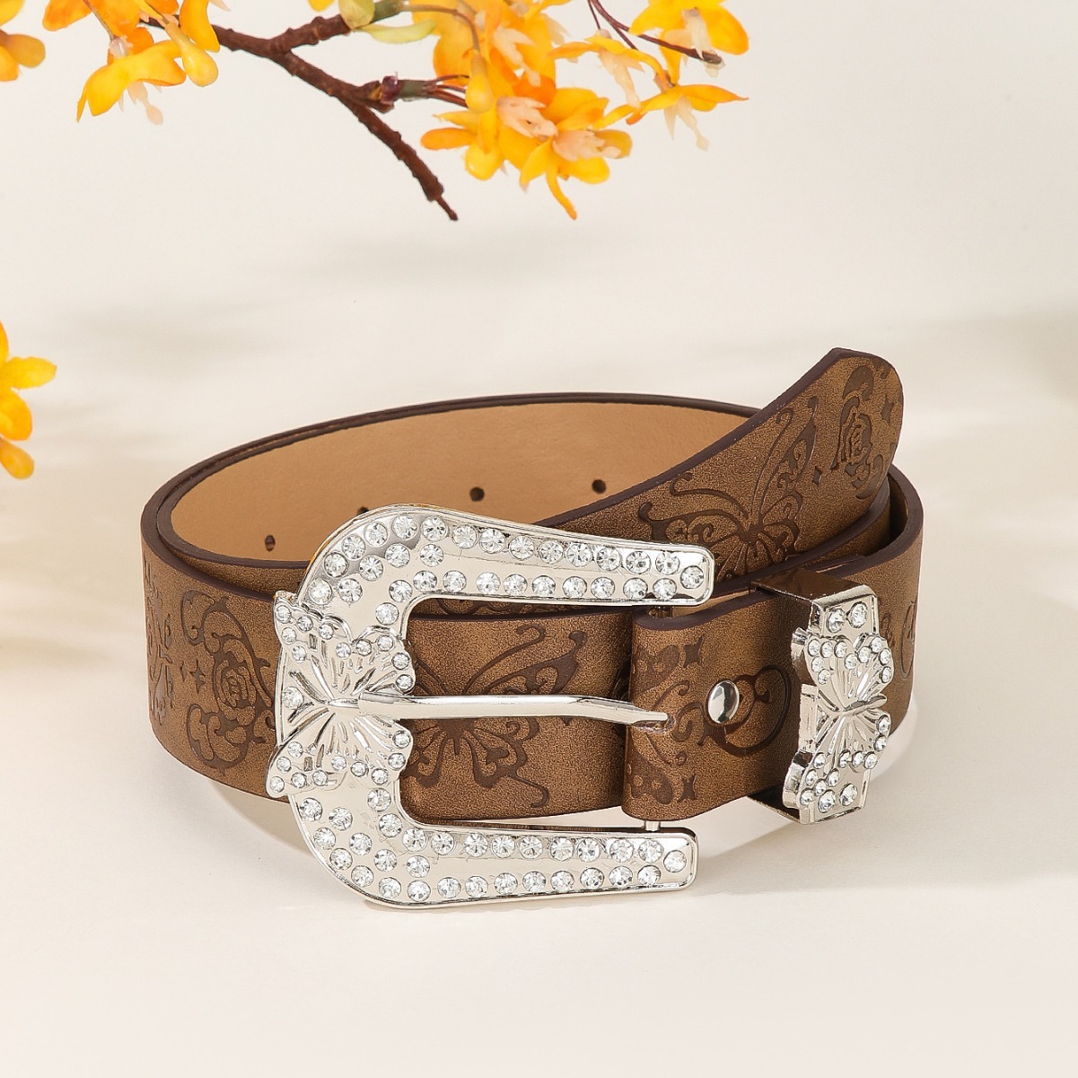 American Retro Butterfly Diamond Buckle Belt - PU Leather
