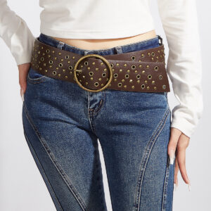 Wholesale Vintage Studded Wide PU Leather Belt for Women, Punk Rock Rivet Eyelet Waist Belt with Round Bronze Buckle, Gothic Y2K Fashion Accessory for Bulk Supply