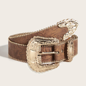 Wholesale Western Floral Embossed PU Leather Belt for Women, Vintage Cowgirl Wide Waist Belt with Gold Ornate Buckle, Boho Fashion Accessory for Bulk Supply