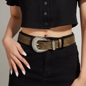 Vintage Floral Embossed Brown Belt Women Men Unisex Western Style Belt Wholesale Factory OEM Customizable B2B