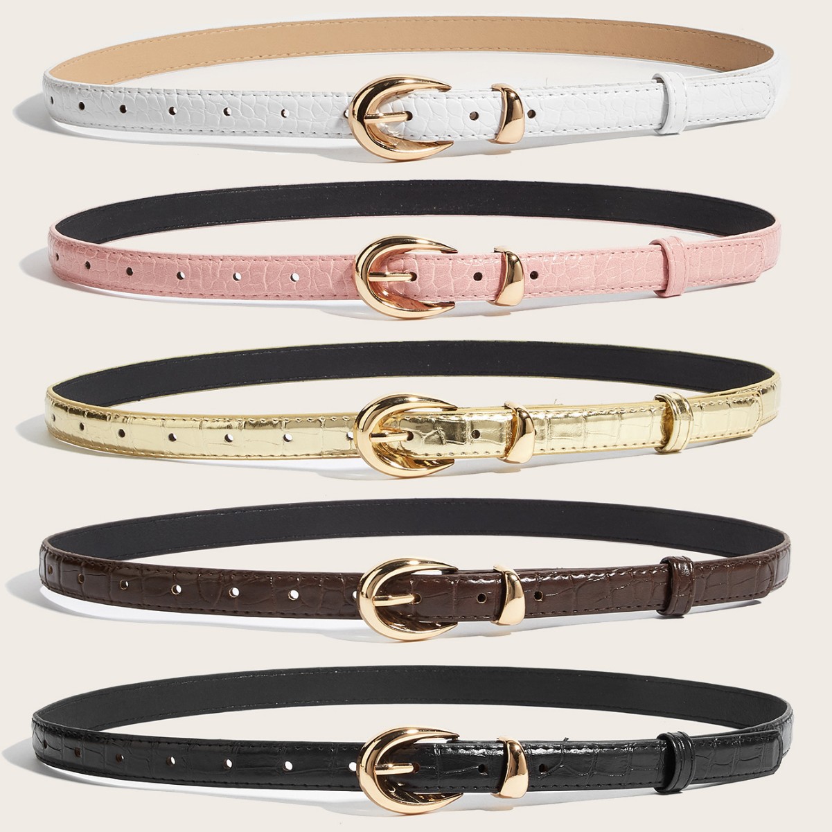 Women's Vintage Slim Belt - Pink with Gold Buckle