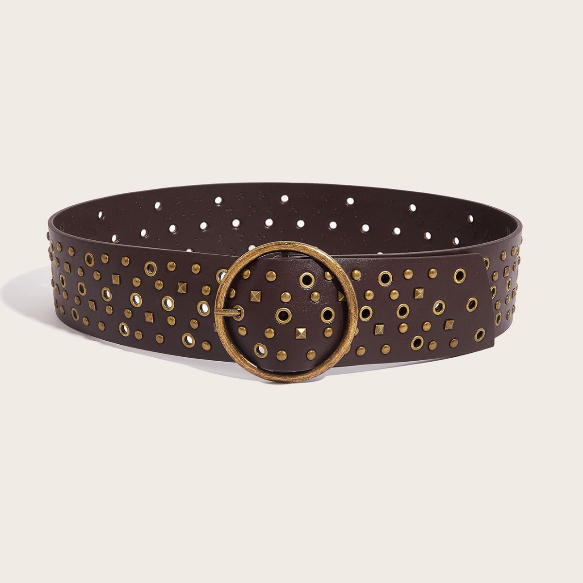 Wholesale Vintage Studded Wide PU Leather Belt for Women, Punk Rock Rivet Eyelet Waist Belt with Round Bronze Buckle, Gothic Y2K Fashion Accessory for Bulk Supply - Image 2