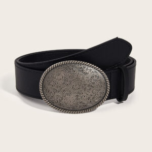 Vintage Western PU Leather Belt with Engraved Oval Buckle - Men's Casual Waistband (3.8cm Width)