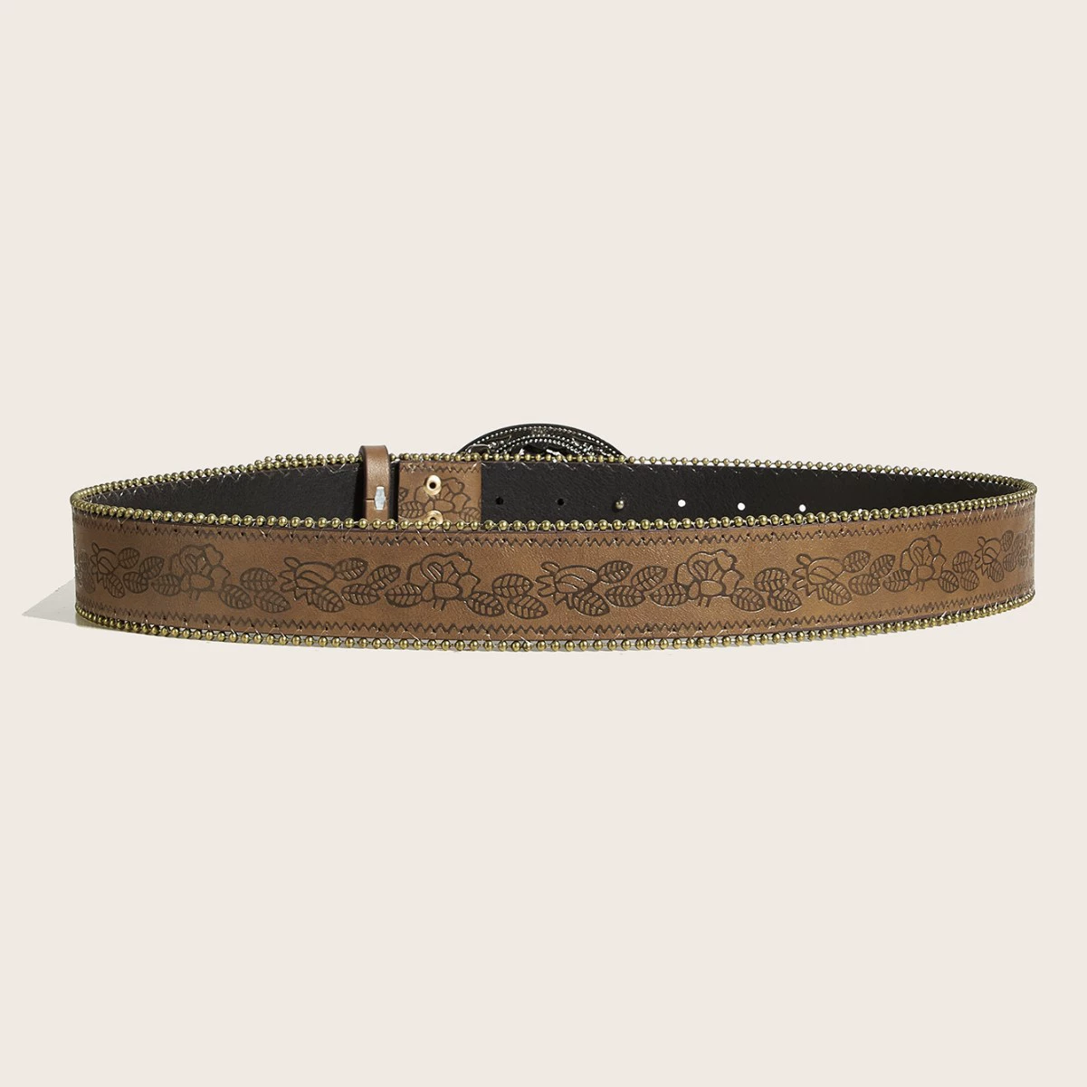 Vintage Punk Belt with Antique Copper 3D Flower Buckle - Gold Tone Snap Button Belt for Street Style - Image 5