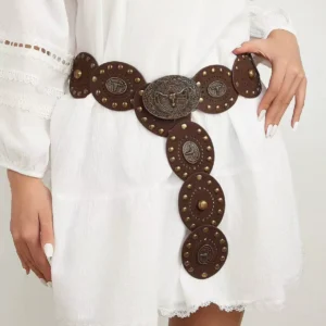 Wholesale Western Bull Head Belt | Vintage Cowboy Rivet Faux Leather Wide Belt Bulk