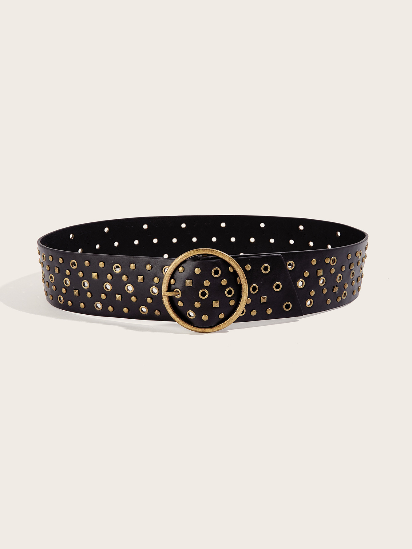 Wholesale Vintage Studded Wide PU Leather Belt for Women, Punk Rock Rivet Eyelet Waist Belt with Round Bronze Buckle, Gothic Y2K Fashion Accessory for Bulk Supply - Image 5