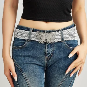 Korean Butterfly Buckle White Lace Belt for Women – Wholesale Fashion Dress Belt – Factory OEM Customizable B2B