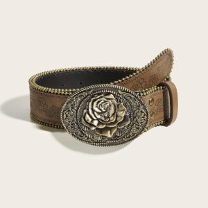 Vintage Punk Belt with Antique Copper 3D Flower Buckle - Gold Tone Snap Button Belt for Street Style
