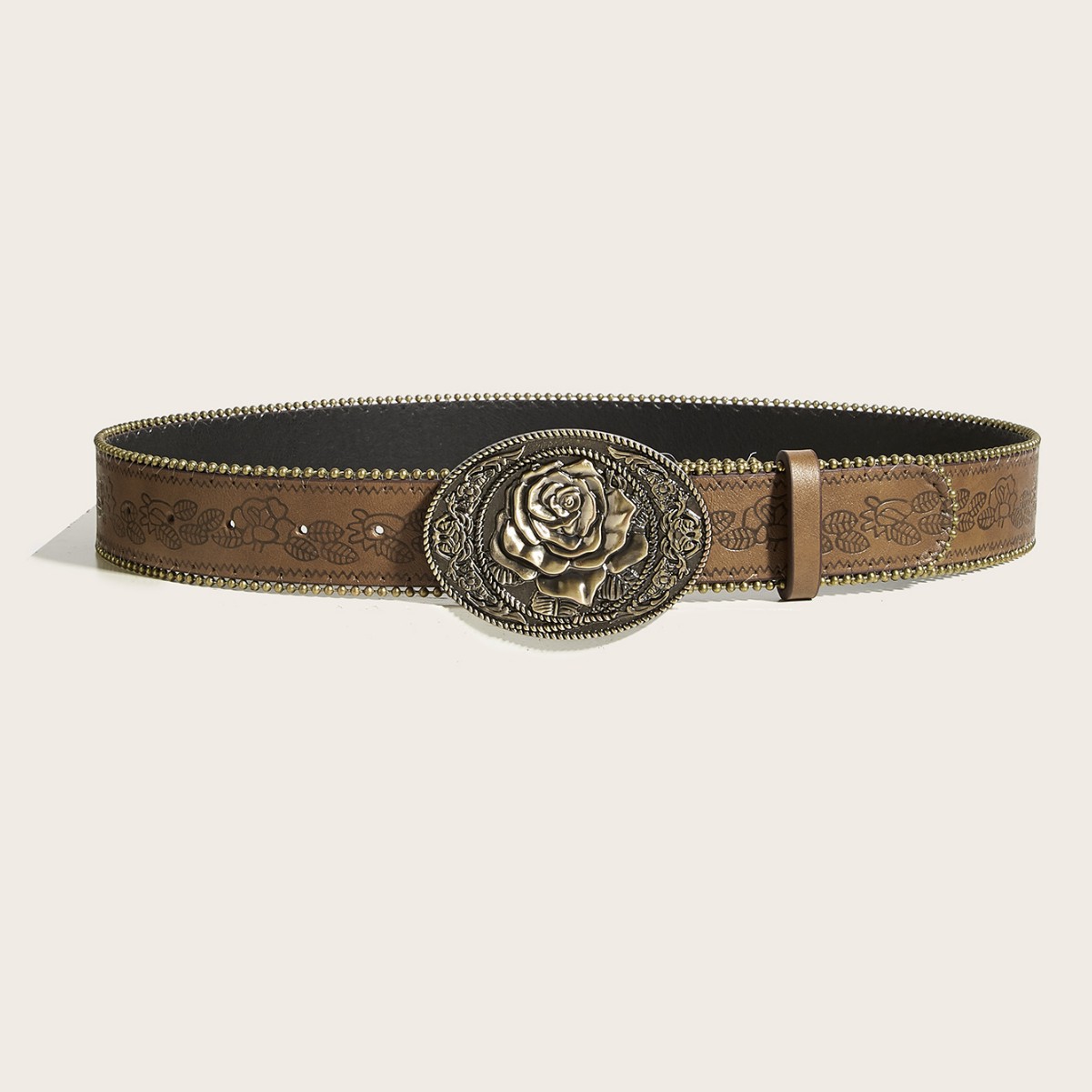 Vintage Punk Belt with Antique Copper 3D Flower Buckle - Gold Tone Snap Button Belt for Street Style - Image 2