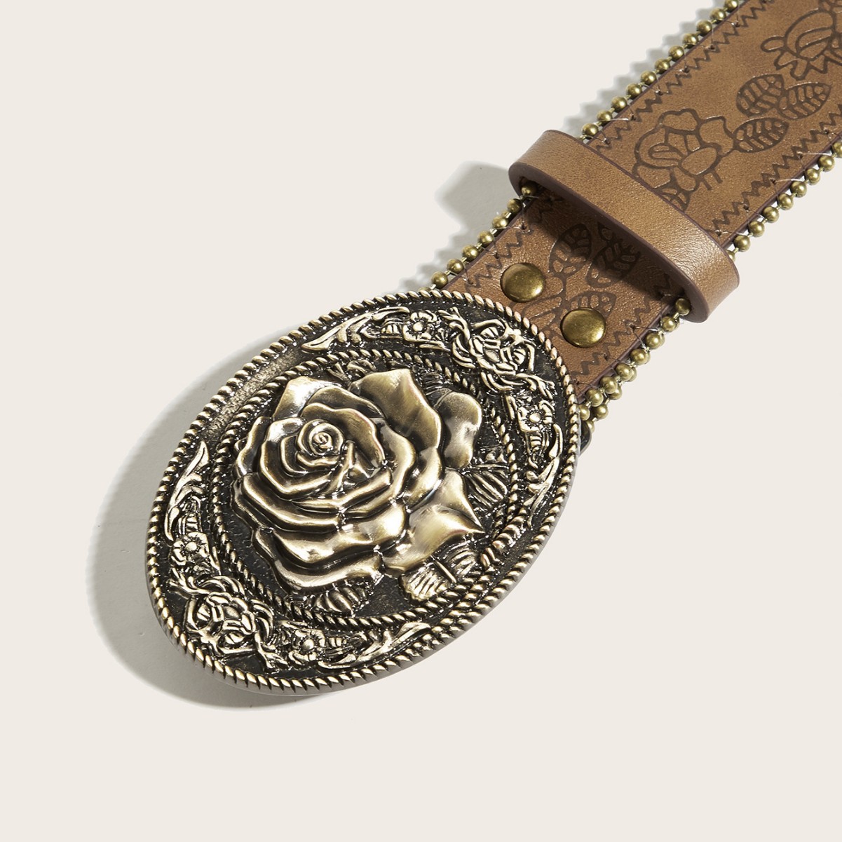 Vintage Punk Belt with Antique Copper 3D Flower Buckle - Gold Tone Snap Button Belt for Street Style - Image 3