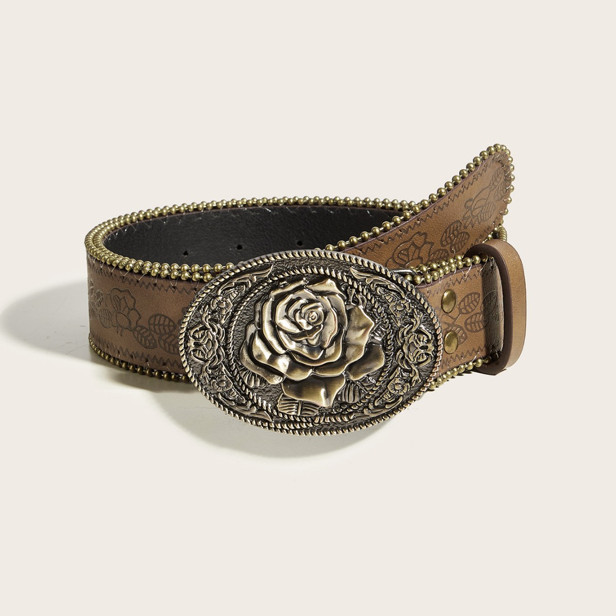 Vintage Punk Belt with Antique Copper 3D Flower Buckle - Gold Tone Snap Button Belt for Street Style - Image 4